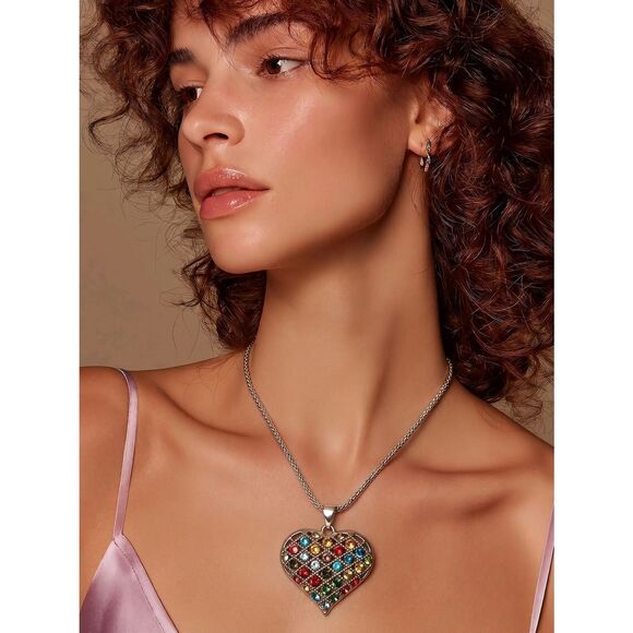 Jewelry - Multicolor Gemstone Heart Pendant Necklace - Silver Tone